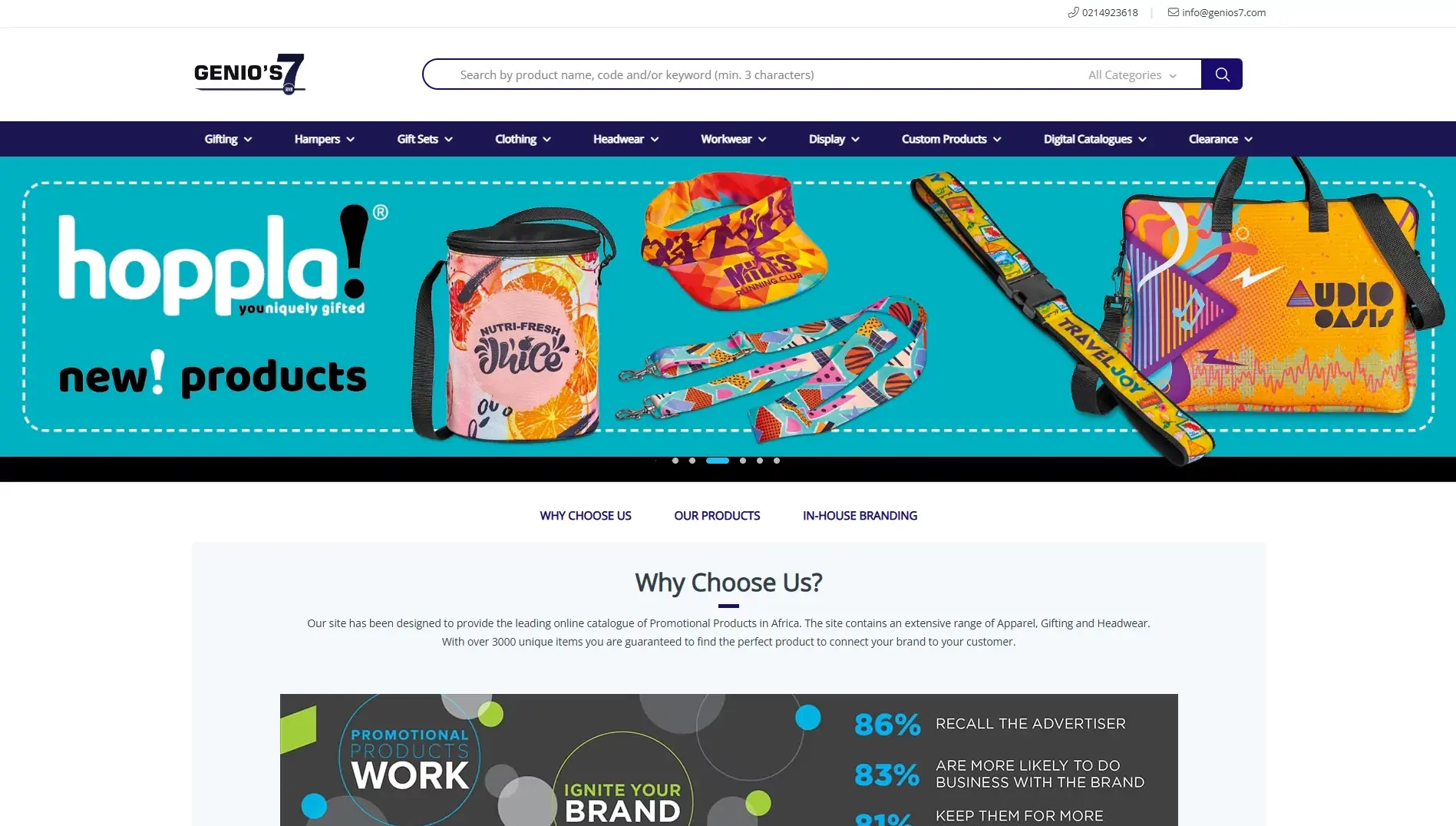 Screenshot of the promotional products website
